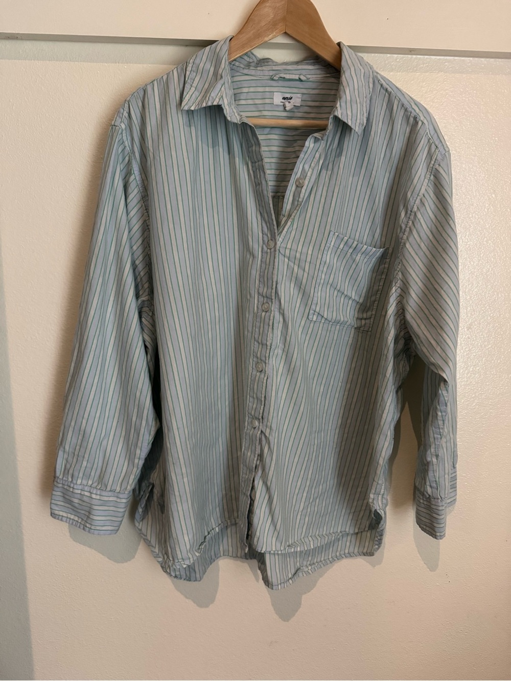 Aerie 100% Cotton Blue Green Striped Button Down Shirt XL Oversized Pocket Top - Picture 2 of 9